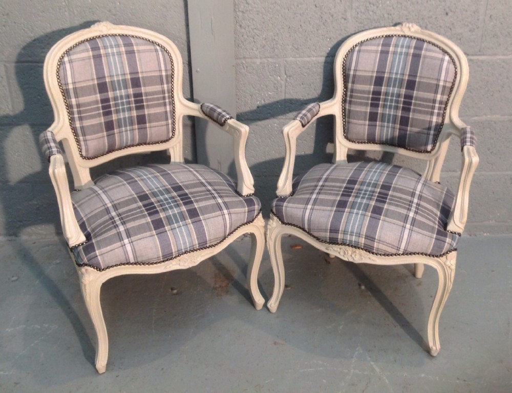 french painted armchairs in tartan fabric