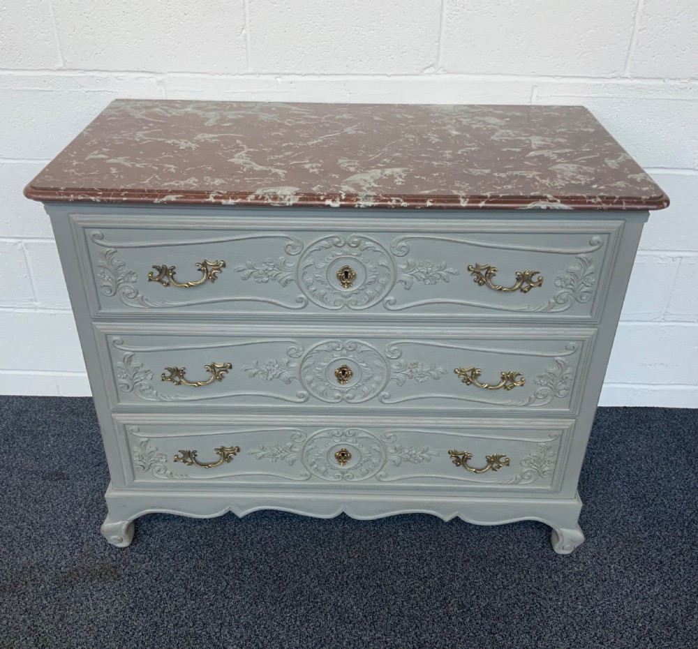 painted french carved oak marble top chest