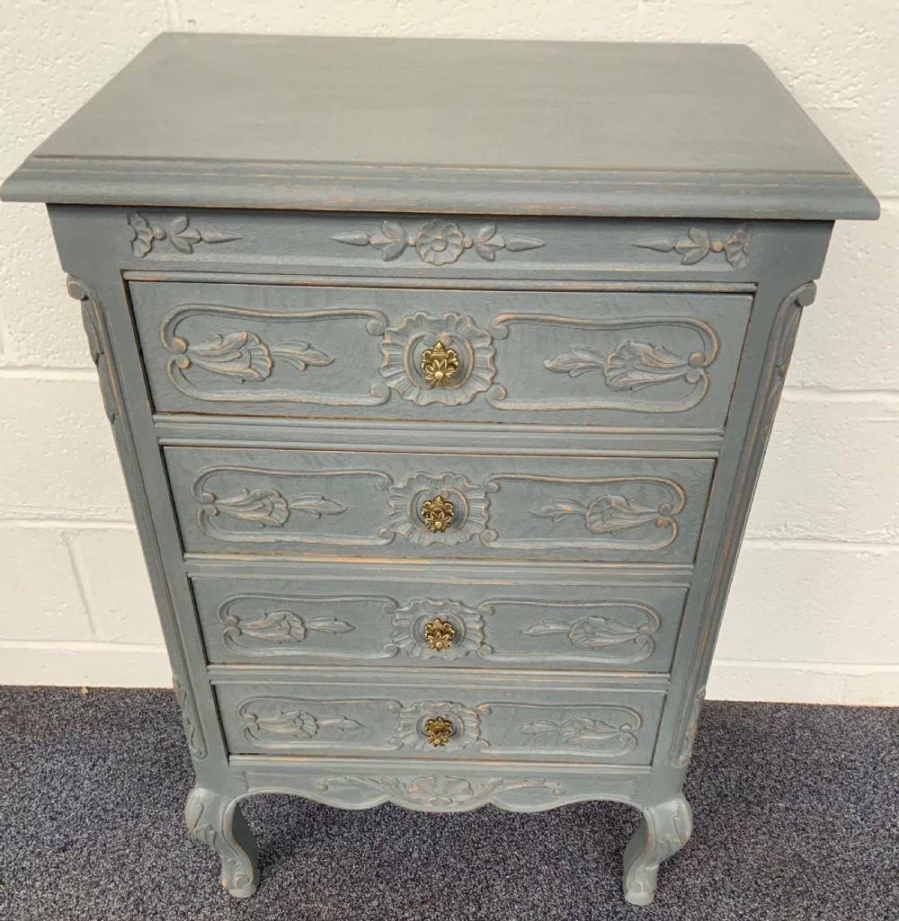 carved oak french chest of drawers in downpipe