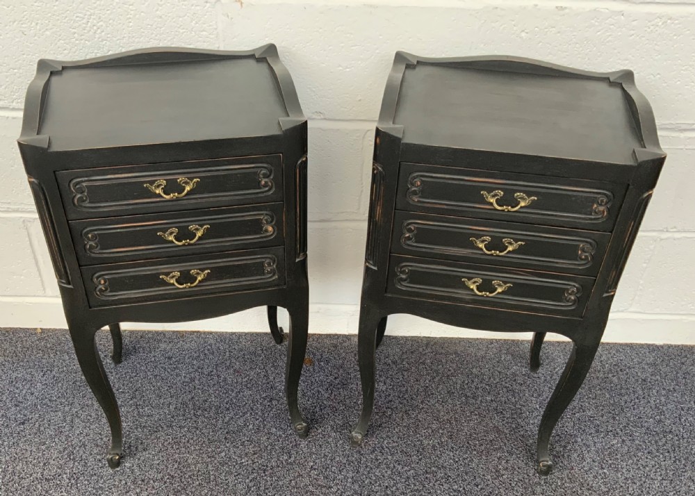 pair of french bedside cabinets painted in pitch black