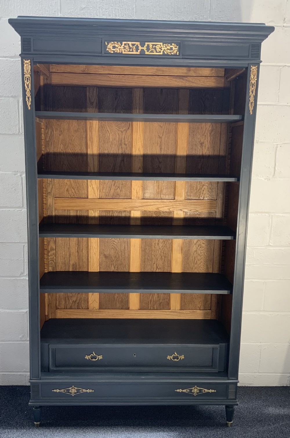 painted french bookcase in railings with brass embellishments